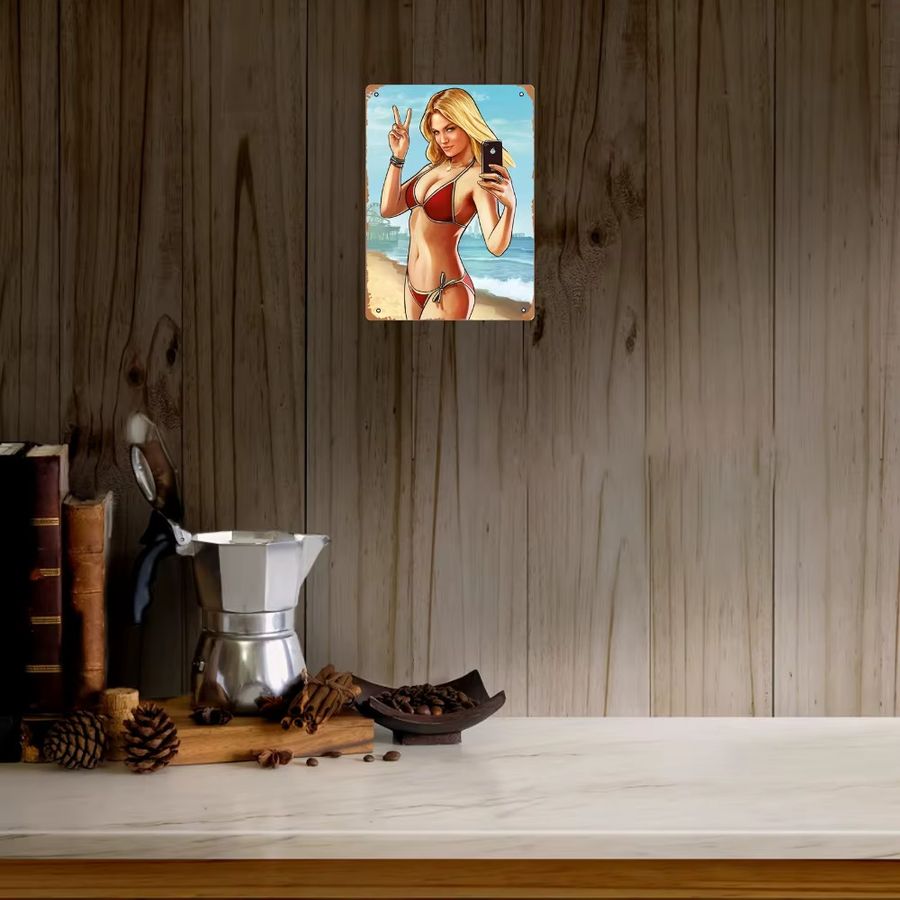 Vintage GTA Beach Game Art Metallposter von CIFBUY mit Bikini-Charakter als Wanddekoration, Breite: 20,32 cm, Höhe: 30,48 cm - Bild 5