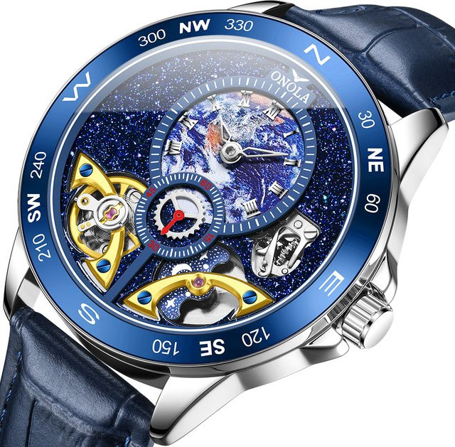 ONOLA Armbanduhr Automatik, Leder, Edelstahl, Blau, Herren - Bild 1
