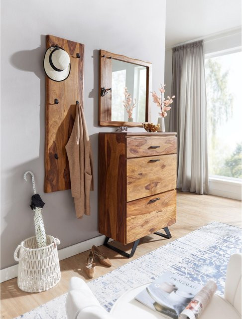 Garderoben Set FineBuy aus Massivholz in Braun mit Wandgarderobe, Kommode und Spiegel im modernen Design - Bild 1