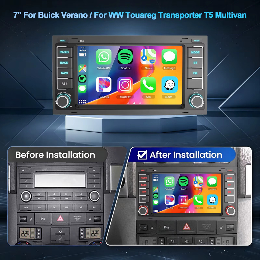 ESSGOO Android 15 Autoradio für VW T5 Multivan Transporter mit 7 Zoll Display, 8-Kern Prozessor, 6+128G Speicher, kabellosem Carplay, Android Auto, GPS-Navigation, Bluetooth und WLAN in Schwarz - Bild 2