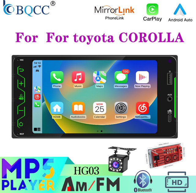 BQCC 7 Zoll Autoradio für Toyota Corolla Vios Crown Camry Hiace Previa RAV4 mit CarPlay, Android Auto, Bluetooth und FM/AM Multimedia-Player in Schwarz - Bild 1