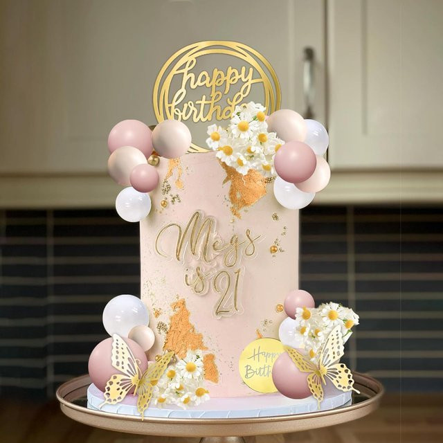 Boho Kugel-Kuchenaufsatz mit floralem Gänseblümchen-Motiv in Beige und Pink zur Kuchendekoration für Hochzeit, Geburtstag oder Party - Bild 1