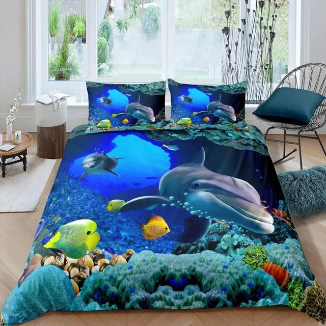 Bettwäsche-Set Your Warm Home mit 3D-Delfin-Motiv in Blau, Polyester, 210 x 210 cm - Bild 1