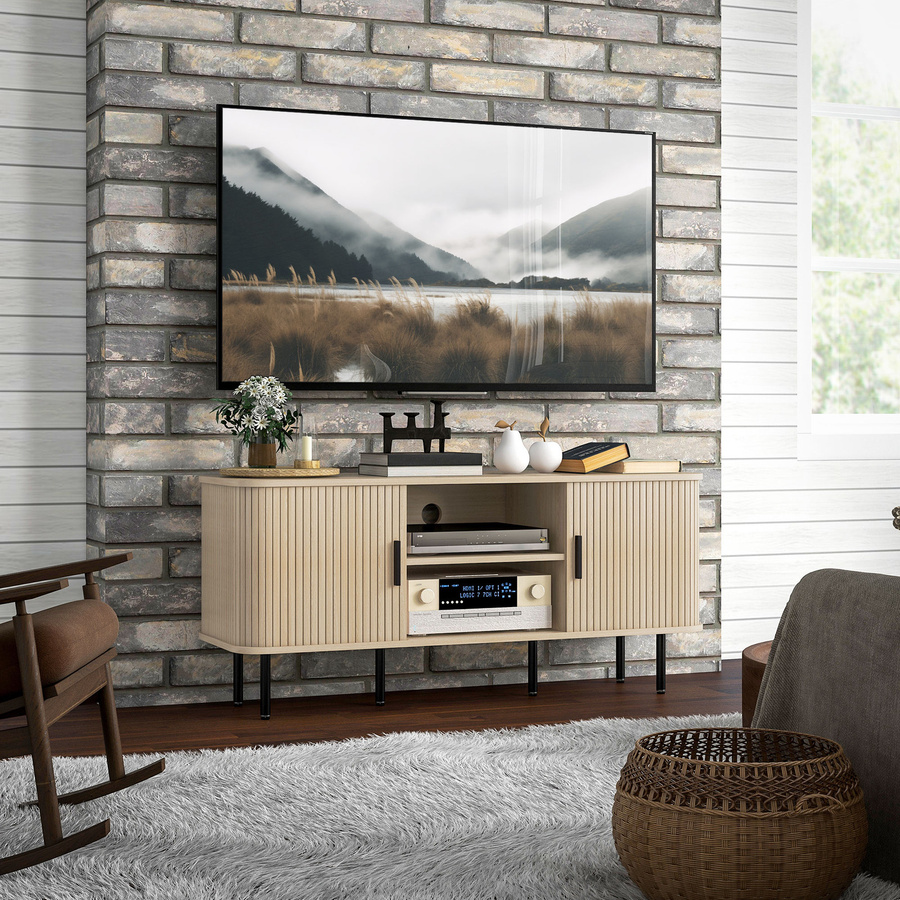 HOMCOM TV-Schrank im skandinavischen Design mit 2 Rolltüren aus Lamellen, Eichenholzton, Breite: 120 cm, geeignet für Fernseher bis zu 55 Zoll - Bild 2