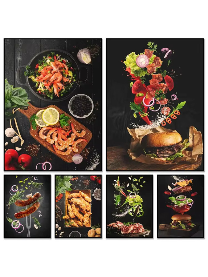 Potdemiel Küchenposter Fast Food Leinwandbild Motiv Gebratenes Huhn und Pasta in Mehrfarben - Bild 5