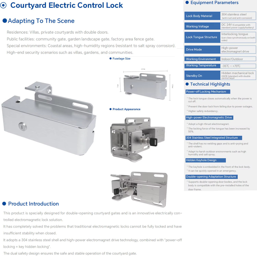 Asia-Teco Elektrisches Schiebetür Riegelschloss für Outdoor und Hof, DC24V Automatischer Toröffner und Zugangskontrollsystem in Silber - Bild 2
