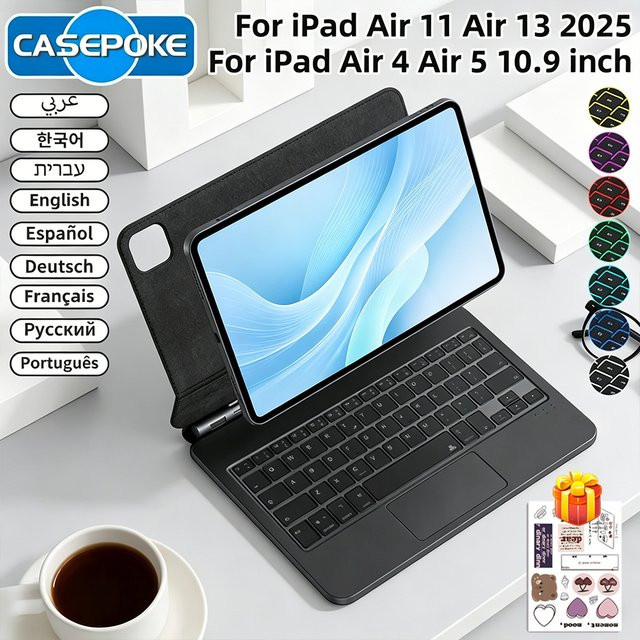 CASEPOKE Bluetooth Magic Keyboard mit Hintergrundbeleuchtung für iPad Pro 11/13 M5 M4 Air M3 M2 Air 4/5/6 10.9" A16 10. und 11. Generation Smart Cover Multi-Touch - Bild 1