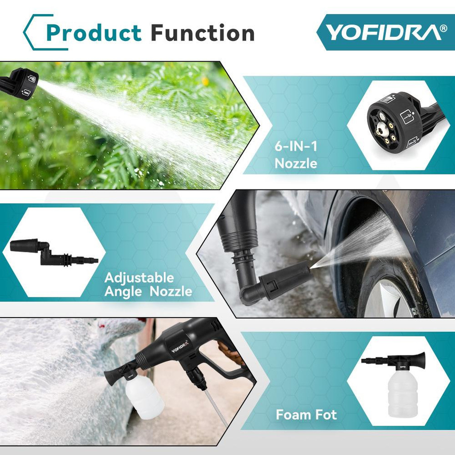 YOFIDRA 6in1 Bürstenloser Hochdruckreiniger mit 200 Bar und Akku für Makita 21V 18V Pin - Bild 11