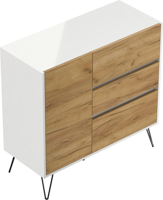 Posseik Sideboard Industrial mit 3 Schubladen und 1 Tür in Weiß und Eiche, Breite: 100 cm - Bild 1