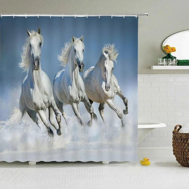 Wasserfester Duschvorhang mit Pferde-Motiv von Dai Jiaochuan, Blau, Polyester, B: 60 cm, H: 190 cm - Bild 1