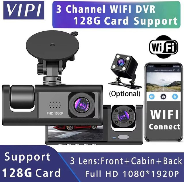 MYOLSD 3-Kanal Dashcam mit Full HD 1080P und WIFI, Mini Auto DVR Recorder für Innen- und Außenbereich, Schwarz - Bild 1