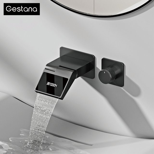 Gestana Wandmontierter Luxus-Badezimmerhahn aus Messing in Gunmetal-Grau mit LED-Digitalanzeige und Zwei-Griff-Bedienung für Warm- und Kaltwasser - Bild 1