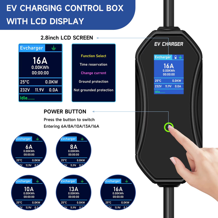 AFEEV Tragbares Typ-2 EV-Ladegerät 11kW 16A mit WiFi und Bluetooth APP-Steuerung, Schwarz - Bild 2
