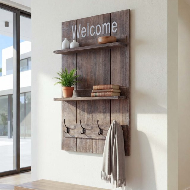 Wandgarderobe MCW Welcome Garderobenpaneel im Shabby-Look Vintage, Farbe: braun, B: 90 cm, H: 60 cm - Bild 1