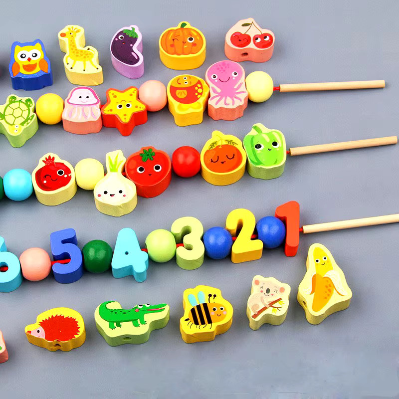 skxnier Holzspielzeug DIY Cartoon Obst Tier Fädelspiel, Holzperlen Spielzeug, 9/36 Stück - Bild 2