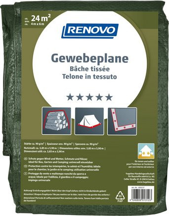 RENOVO Profi Gewebeplane mit Ösen, Farbe: Grün, Breite: 4 m, Länge: 6 m - Bild 1
