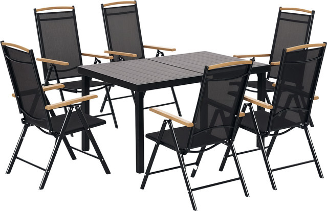 Outsunny Sitzgruppe für 6 Personen aus Aluminium und Texteline-Gewebe in Schwarz, klappbares Gartenmöbel Set mit 1 Tisch und 6 Stühlen - Bild 1