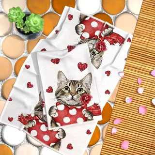 2er-Pack moderne Küchentücher aus Polyester mit Cartoon-Kätzchen-Herz-Design, super saugfähig und maschinenwaschbar, Mehrfarbig, B/H: 40 x 60 cm - Bild 3