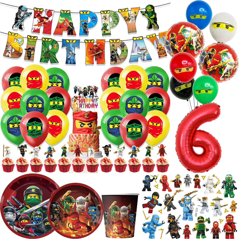 Hasbro Ninjago Geburtstagsparty Dekorations-Set, Tischgeschirr, Teller, Luftballons, Becher, Servietten, Hintergrund-Banner, Tortendekoration, Party-Zubehör - Bild 1
