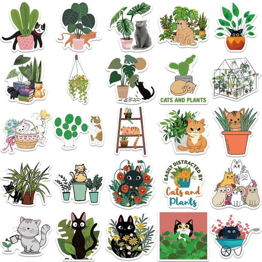 50 Stück GOGOTU Aufkleber Set mit Katzen und Pflanzen Motiven, bunte PVC Sticker für Laptop, Kühlschrank und DIY Dekoration - Bild 3