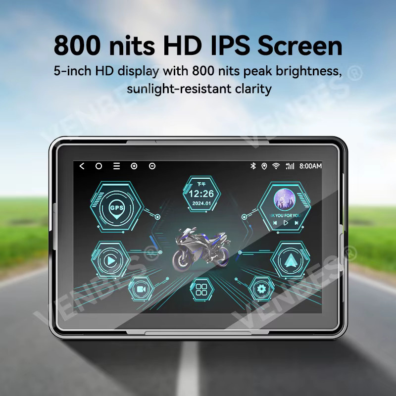 VENBES Tragbares Motorrad-Navigationssystem mit 5 Zoll Display, CarPlay und Android Auto, Wasserdicht IP67, GPS und Bluetooth 5.0, Schwarz - Bild 4