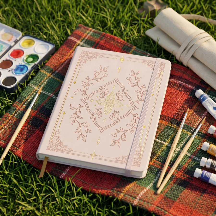 A5 Punktraster-Notizbuch mit Blumenmuster und Goldfolie, Hardcover aus PU-Leder in Beige, 160g/m² Papier, nummerierte Seiten mit Gummiband - Bild 4