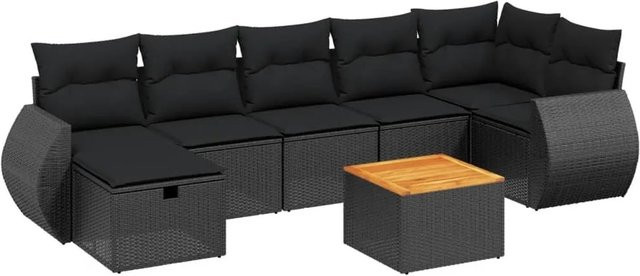 vidaXL 8-tlg Garten-Sofagarnitur in L-Form aus schwarzem Poly-Rattan mit Kissen und pulverbeschichtetem Stahlgestell - Bild 1