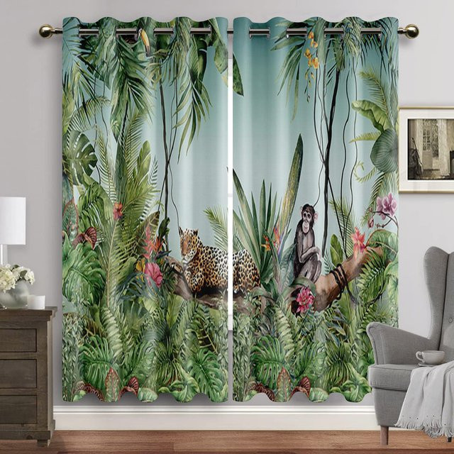 Yiran Furniture Regenwaldtiere Fenstervorhänge im nordischen Stil, 2er-Set, Grün, semi-transparent, Breite: 60 cm, Höhe: 60 cm - Bild 1