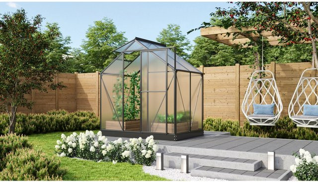 Vitavia Gewächshaus Triton 2500 Schwarz mit Fundament und Regenrinnen aus Aluminium und Polycarbonat für die Pflanzenzucht im Garten - Bild 1