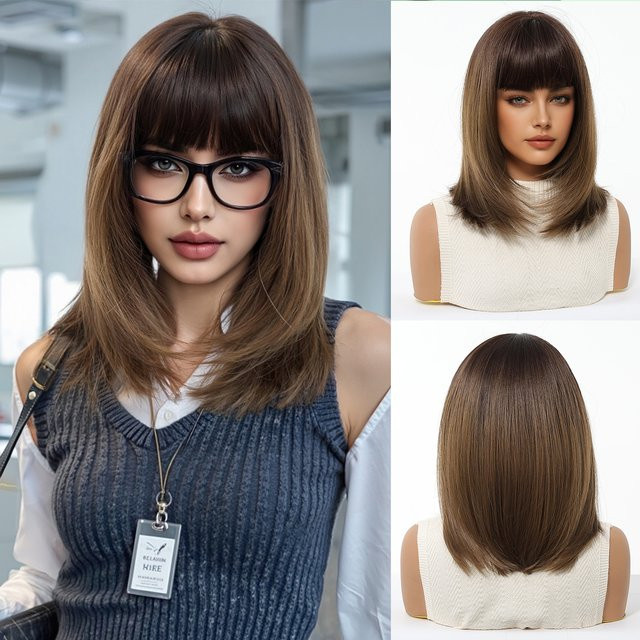 EASIHAIR Perücke, Ombre Braun, synthetisch, mittellang, gerade, mit Pony, Damen - Bild 1