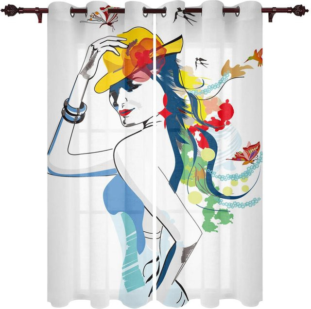 Super Six Fenstervorhang mit Frauen-Haar-Tinte-Kunstmotiv, halbtransparent, mehrfarbig, Breite: 135 cm, Höhe: 60 cm - Bild 1