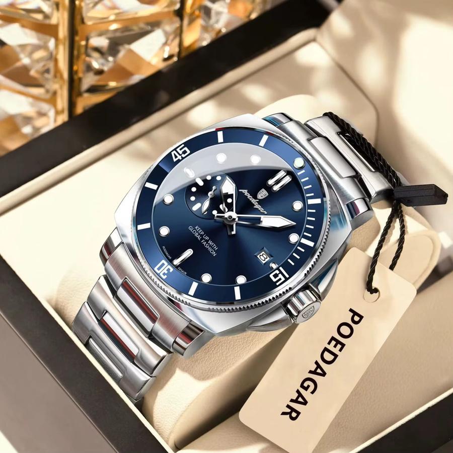 POEDAGAR Armbanduhr Quarz, Edelstahl, Blau, Herren - Bild 2