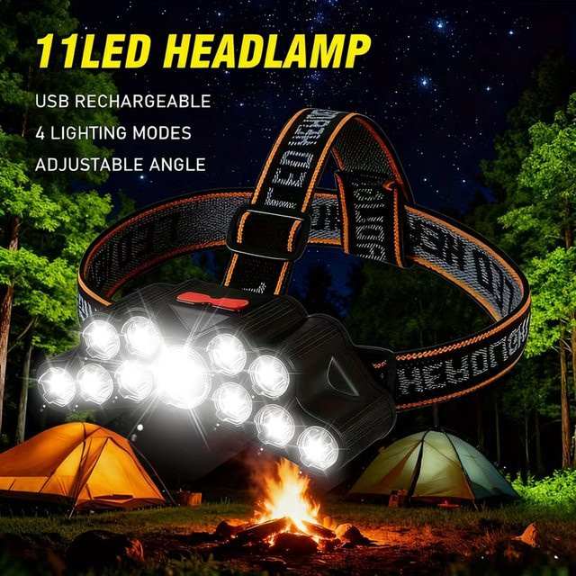Heinast LED Stirnlampe mit 11 LEDs, USB wiederaufladbar, IPX4 wasserdicht, Schwarz - Bild 1