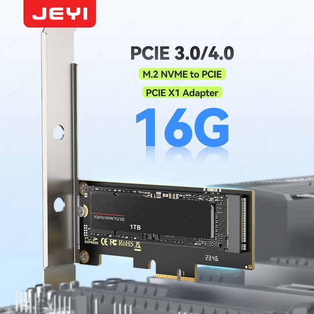 JEYI M.2 NVMe zu PCIe Konverterkarte in Schwarz - 16Gbps PCIe 3.0/4.0 SSD-Adapter für X1/X4/X8/X16 Steckplätze mit Installationsadapter - Bild 1