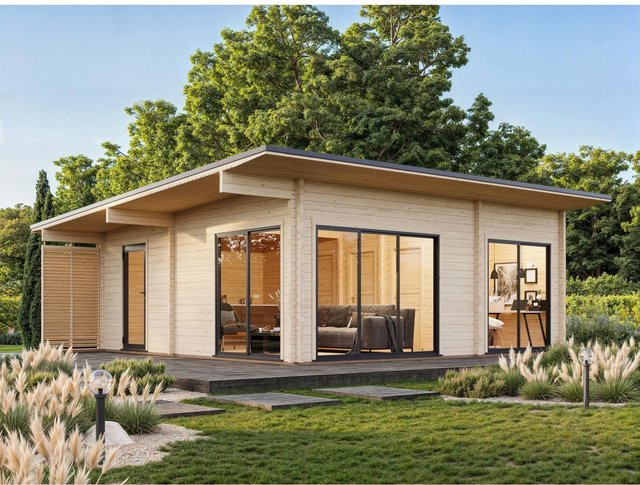 Palmako Gartenhaus Cecilia aus Fichte in Blockbohlenbauweise mit Pultdach und modernem Design, Farbe: natur, B/T: 674 x 674 cm - Bild 1