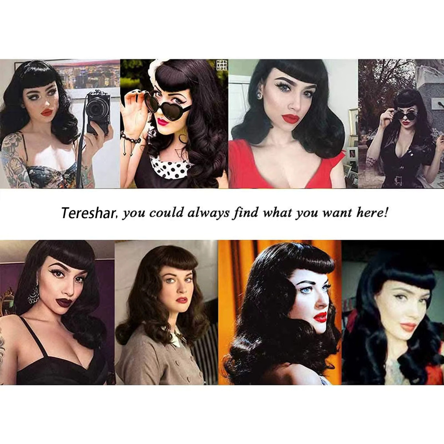 Tereshar Rockabilly-Vintage-Perücke für Damen, kurz, schwarz, lockig - Bild 4