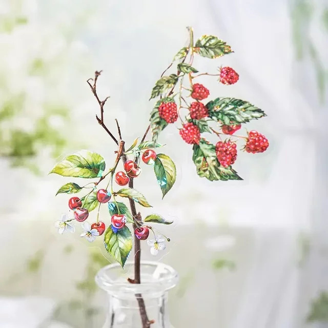 20 Stück PET Meereslicht Aufkleber mit Obst und Zweigen in Multicolour für Schreibwaren und Sammelalben, 136 x 90 mm - Bild 1