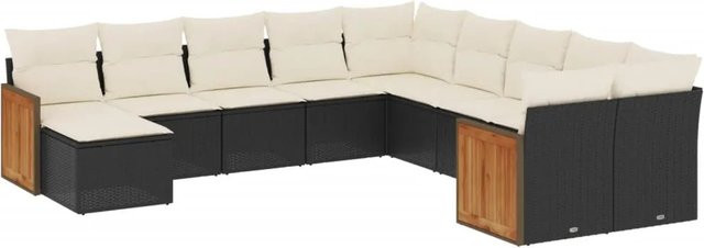 vidaXL 11-tlg. Garten-Sofagarnitur in L-Form aus Poly-Rattan und Akazienholz mit Kissen in Schwarz - Bild 1