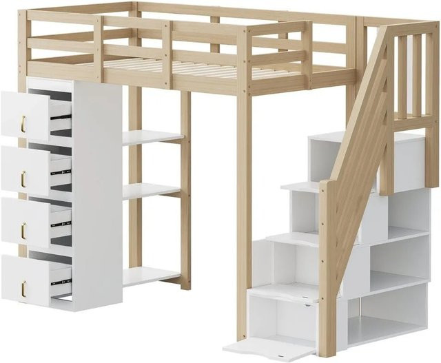 KOMHTOM Hochbett aus Massivholz mit Regalen, Treppe und Schubladen, Weiß-Holzfarben, B/T/H: 200 x 90 x 167,5 cm - Bild 1