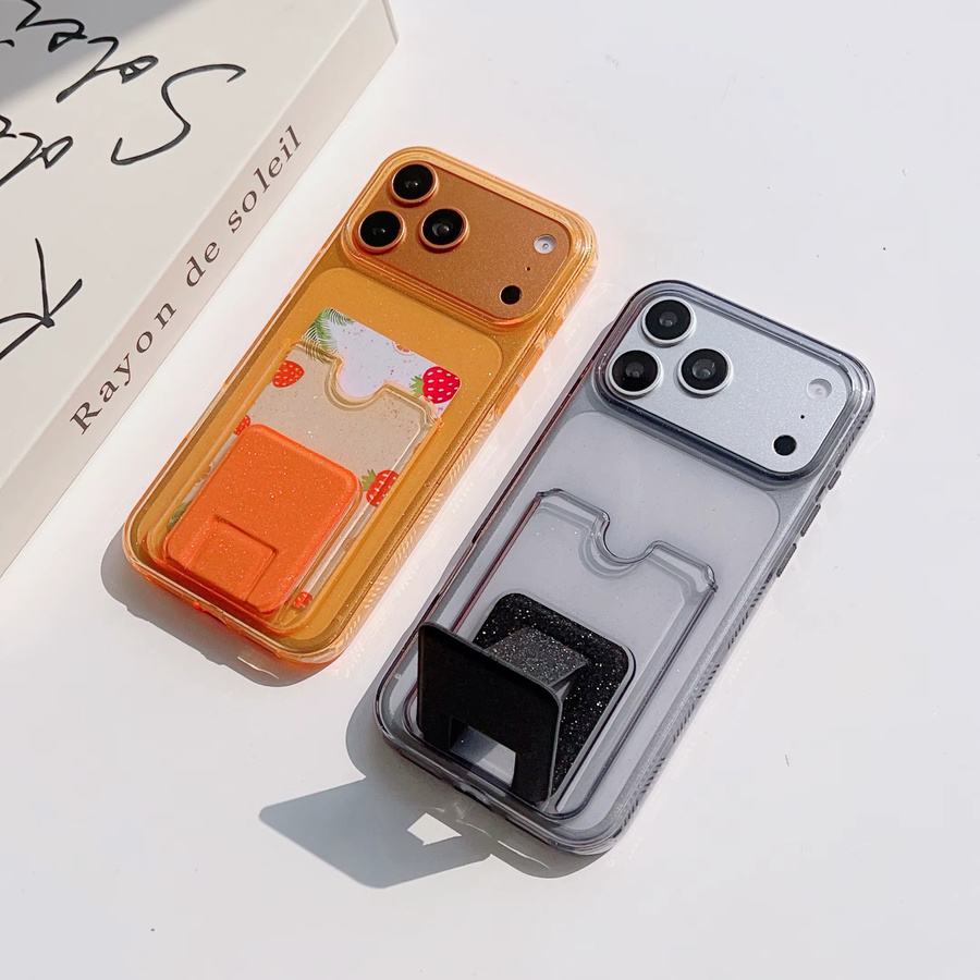 Glitzer Handyhülle mit Kartenhalter und Fototasche für iPhone 16 15 14 13 Pro Max Plus, Transparent Orange - Bild 2
