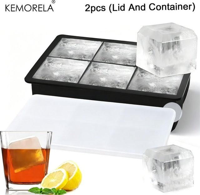 KEMORELA Silikon Eiswürfelform mit Deckel in Schwarz für große Eiswürfel - Bild 1