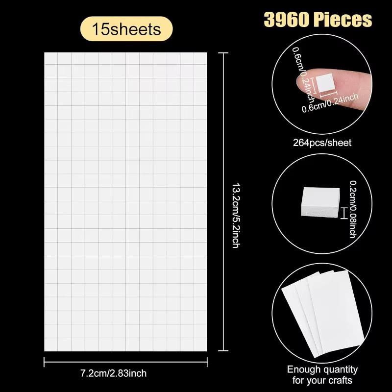 3960 Stück selbstklebende 3D-Pop-Schaumstoff-Punkte und Quadrate in Weiß für Bastelarbeiten, DIY und Scrapbooking, 15 Blatt, 0,24 Zoll - Bild 2
