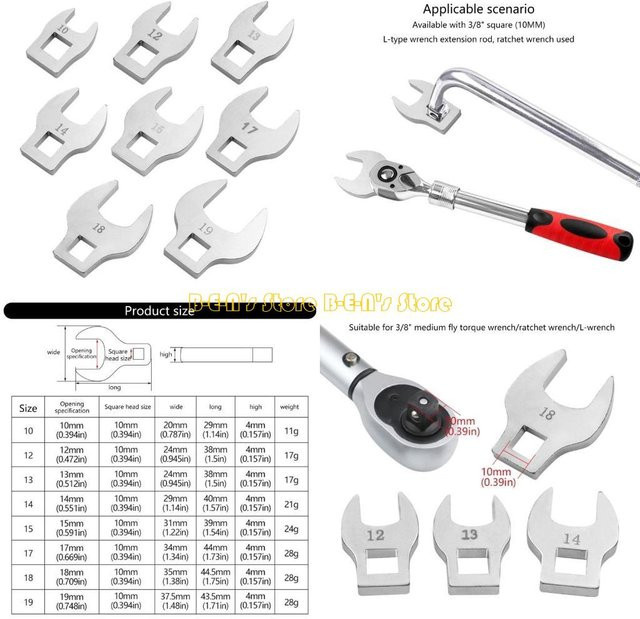 Y1AD Hahnenfußschlüssel Set 8-teilig 3/8 Zoll Antrieb 10-19mm in Silber für Holzrouter und Mechaniker - Bild 1