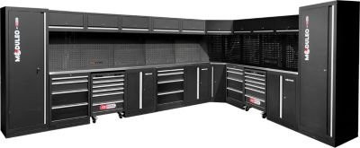 KS Tools Werkstattschrank L-Form in Schwarz mit Edelstahl und MDF, inklusive Pegboard, Steckdosen, USB und LED-Beleuchtung, B/T/H: 476,0 x 340,0 x 0 cm - Bild 1