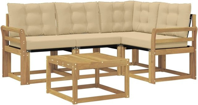 vidaXL Outdoor-Sofagarnitur 5-tlg. in L-Form mit Kissen und Couchtisch, Akazienholz, Weiß und Beige - Bild 1