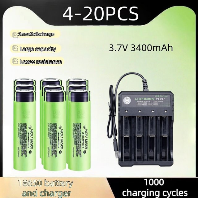 Panasonic NCR18650B Lithium-Ionen Akku 3,7V 3400mAh mit USB-C Ladegerät, Grün - Bild 1