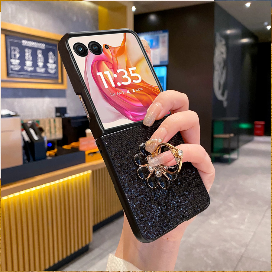 Glitzernde Handyhülle mit Blumenhalterung und Sternenbeleuchtung für Motorola Moto Razr 40 50 60 Ultra 2024 2025 aus Hart-PC in Schwarz oder Weiß - Bild 1