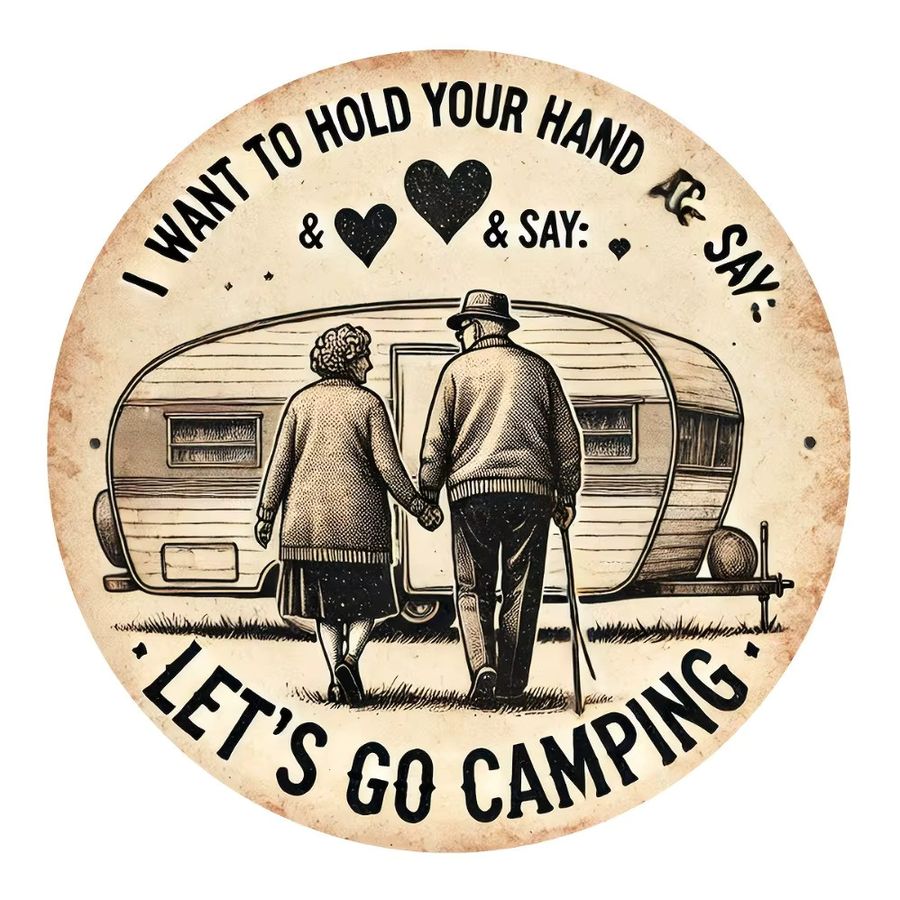 HELLOYOUNG Vintage-Wandschild aus Aluminium mit Camper-Van und Herzmotiven, I Want to Hold Your Hand & Say Let's Go Camping, B: 20 cm, H: 20 cm, T: 1 cm - Bild 2