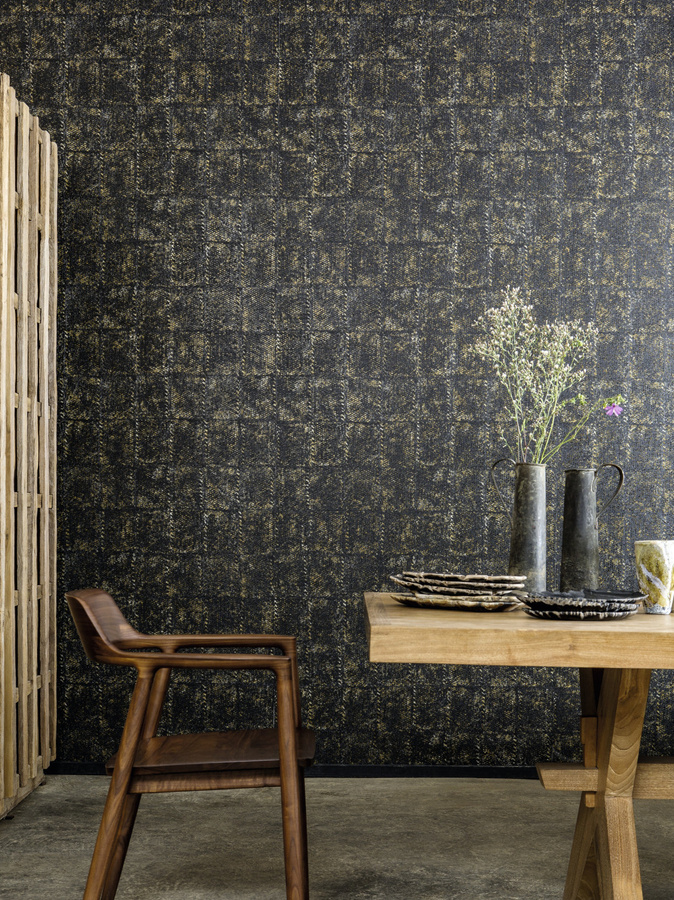 Elitis Wallpaper Laca Salvaje abstrakte geometrische Vinyltapete in Schwarz, Gelb und Braun mit Glanzeffekt - Bild 1