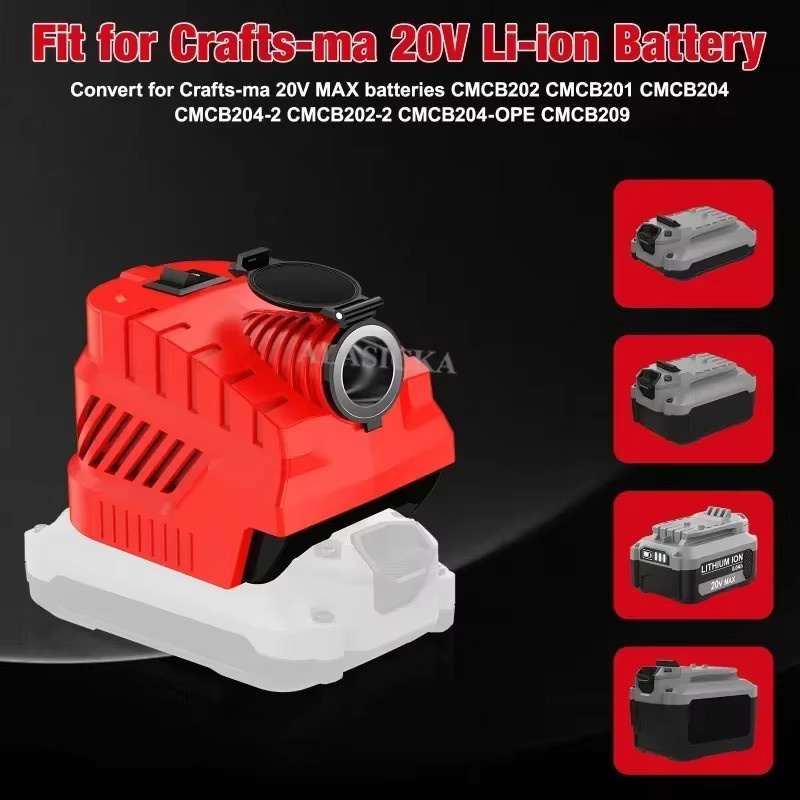 DC 12V Step-Down-Wechselrichter-Netzteil für Craftsman 20V Lithiumbatterien mit USB-A und Typ-C Anschlüssen sowie Zigarettenanzünder-Buchse in Rot - Bild 3